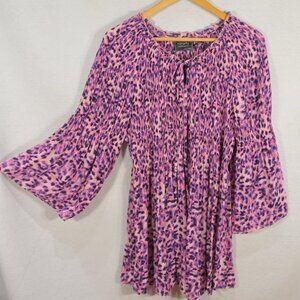 Share Ninety Women's Blouse 3X Pink Leopard Accordion Pleated Bell Sleeve Top
